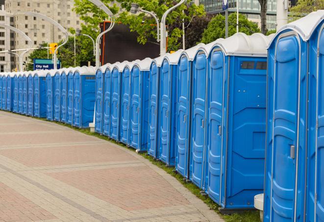 a row of sleek and modern portable restrooms at a special outdoor event in Belvedere